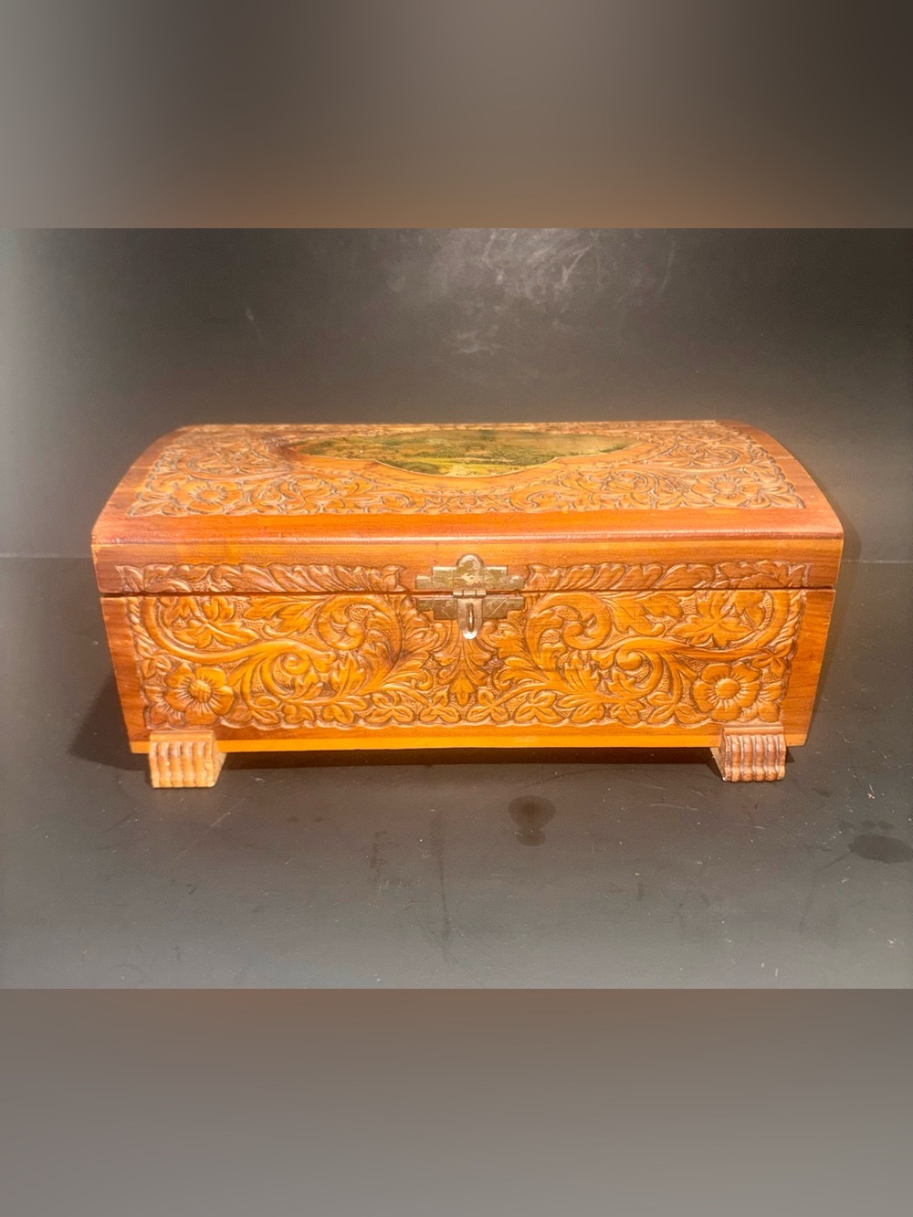 Hand-Carved Wooden Jewelry Box in Warm Honey Brown- Vintage- Cedar